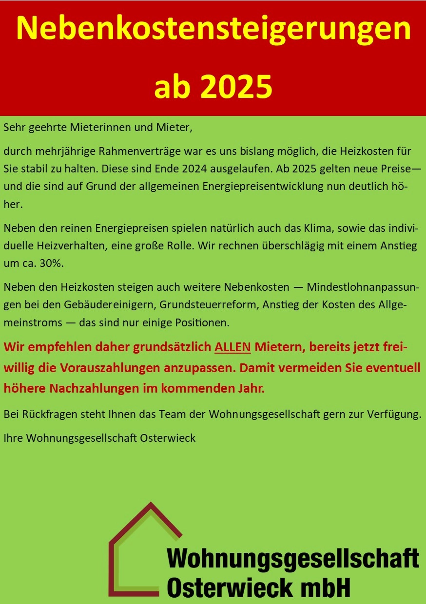 Nebenkostensteigerungen ab 2025